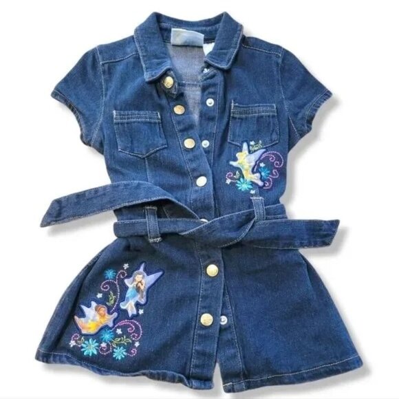 Vintage Disney Tinkerbell Fairies Denim Snap and Tie Front Dress Size 6 - Picture 1 of 6